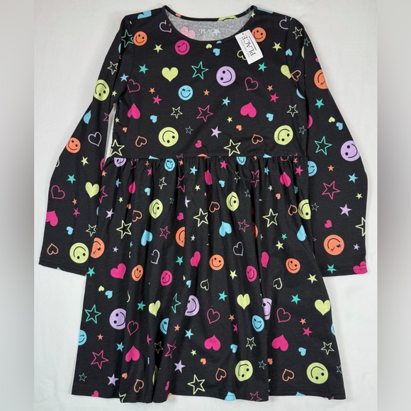 NWT THE CHILDREN'S PLACE‎ Girls' Black Long Sleeve Rainbow Icon Everyday Dress L - Picture 2 of 8